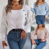 Fashionable Women's Casual Square Neck Button-Front Solid-Colour Lace-Up Bell-Sleeve Knit Top