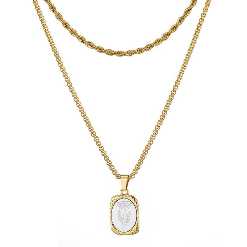 Vintage Floral Titanium Steel Necklace With Engraved French Mirror Square Pendant Layered Locket Chain Women