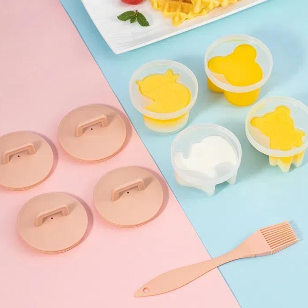 4 Buc/Set Fierbător/Poșator Ouă Drăguț din Plastic cu Pensulă pentru Ulei, Ustensile pentru Gătit Ouă din Plastic Rezistent la Căldură, Formă Ou, Gadget de Bucătărie