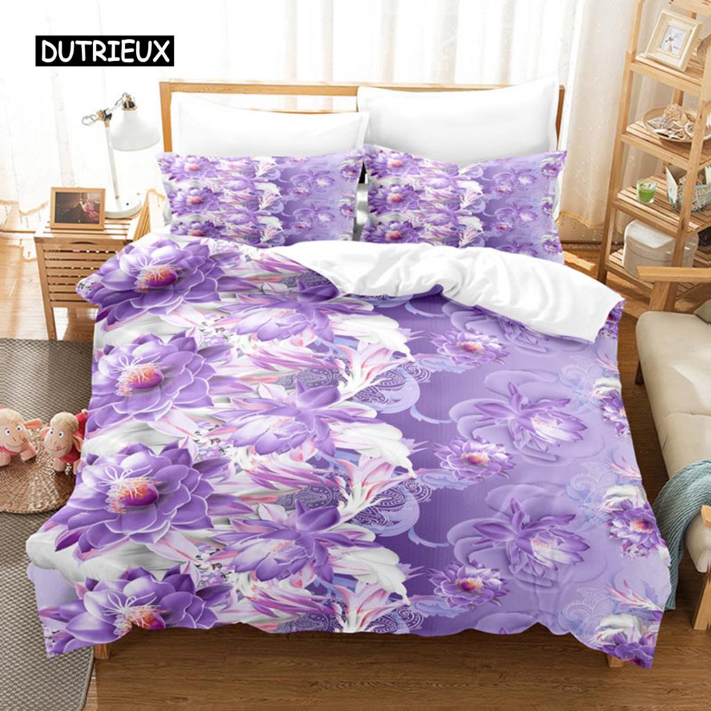 Purple Lavender King Queen Duvet Cover Fantasy Flowers Bedding Set Girls Women Beautiful Romantic Floral Polyester Quilt Cover