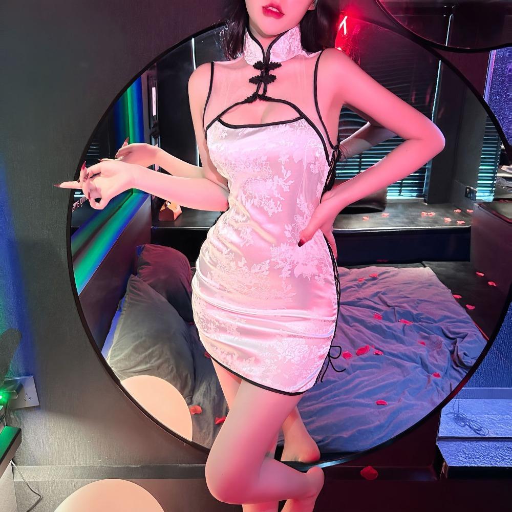 Sexy Retro Jacquard Strap Cheongsam Uniform Temptation Perspective Sex Underwear Stand-up Collar Buckle Open Sex Cheongsam