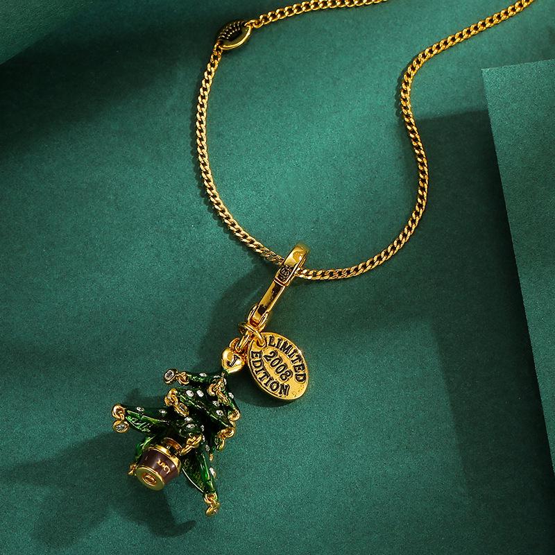 Elegant Green Christmas Tree Pendant Keychain Necklace with Enamel and Diamond Inlay.