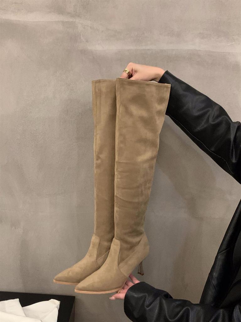 High-heeled khaki knee-piled boots women's shoes 2025 new autumn and winter pointed thin long tube knight boots