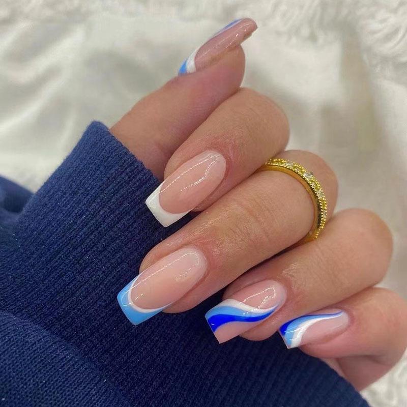 

Wearable nail sticker blue French nail piece blue and white splicing wave nail piece finished product removable advanced
