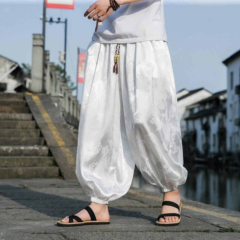 Spring and Summer Thin Ice Silk Drape Pants Men's Chinese Style Dragon Print Lantern Harem Pants Loose Casual Wide-leg Pants