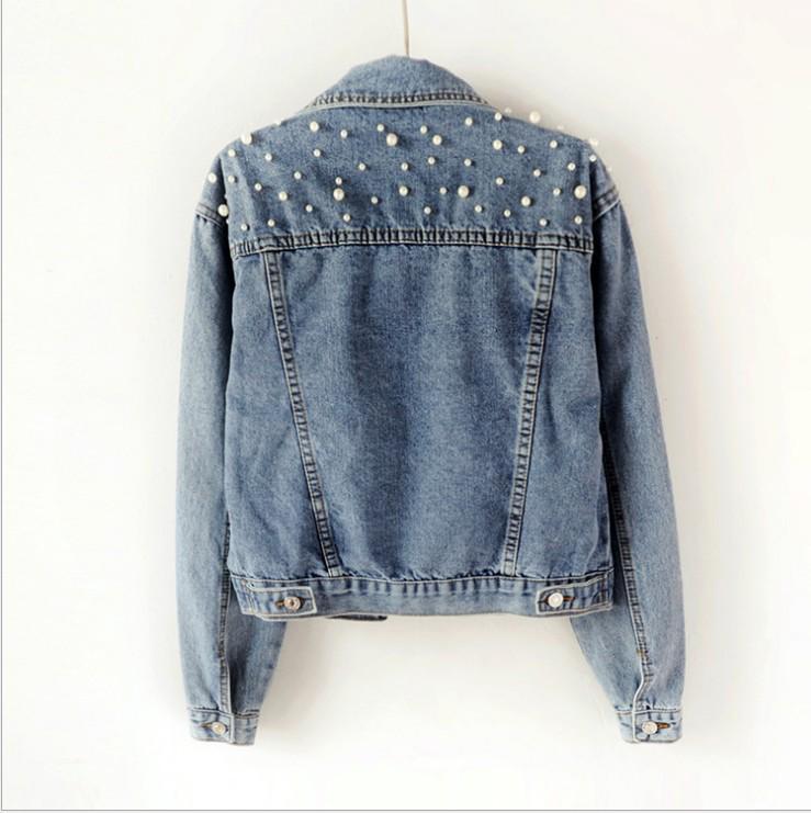 Women's Beaded Pearl Short Denim Jacket - Loose Fit for Spring and Autumn