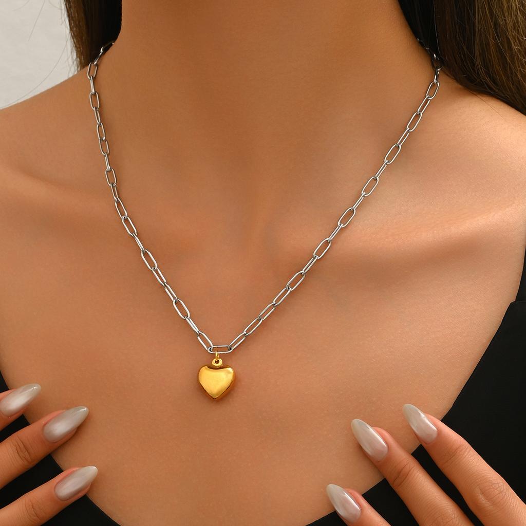 Geometric Heart Design Versatile Women's Necklace Personality Gold and Silver Color Block Pendant Chain