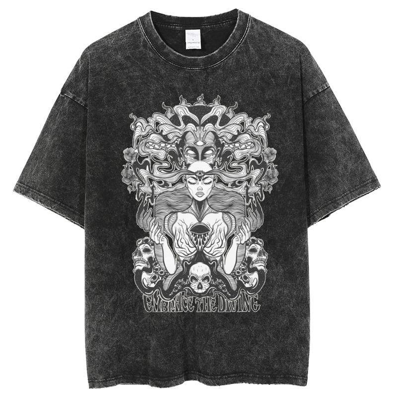 Embrace The Divine Printed Women T-Shirt Retro Washed Short Sleeved Tees High Street Distressed Style Tops
