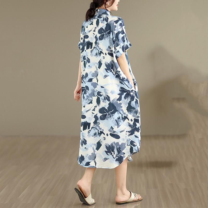 Manga corta Tallas grandes Algodón vintage floral nuevo en vestidos para mujer casual suelto vestido camisero largo de verano