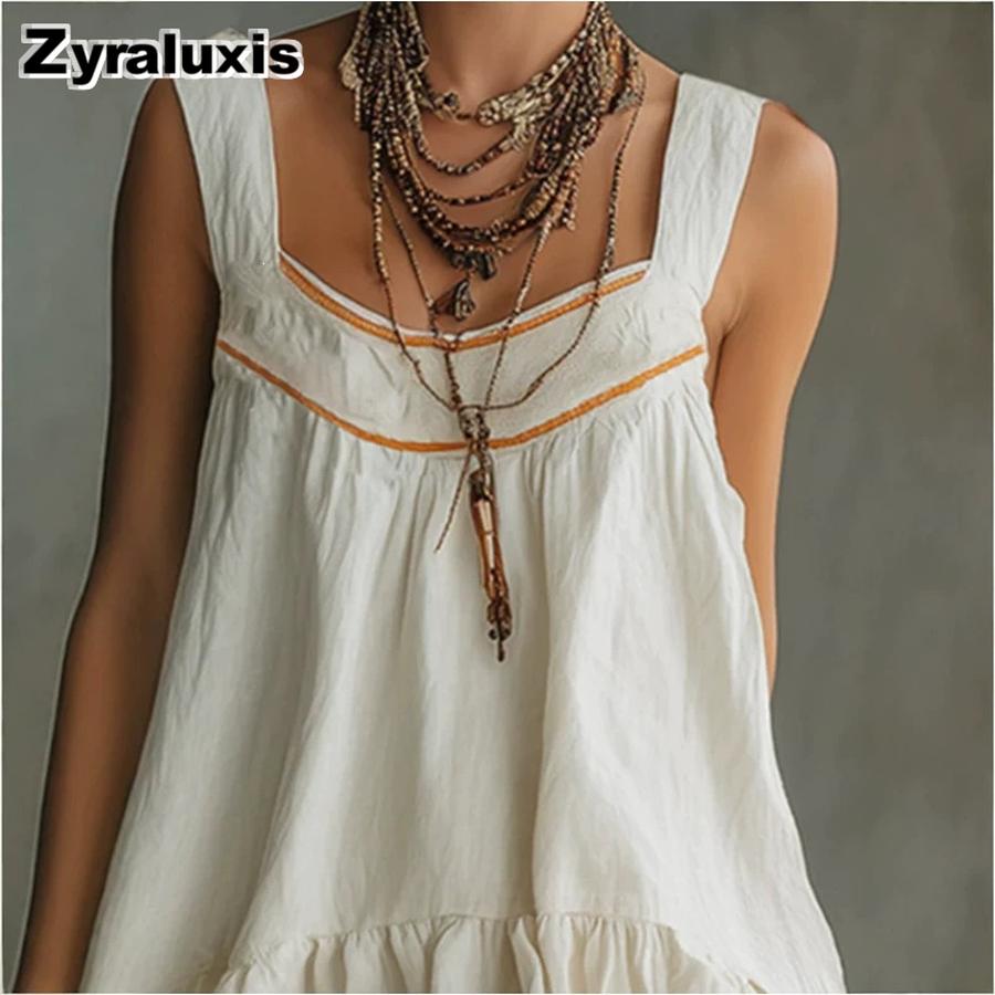 Neues Retro Lässiges Mode Gepresste Blume Bequem Einfarbige Baumwolle Leinen Mini Trägerkleid