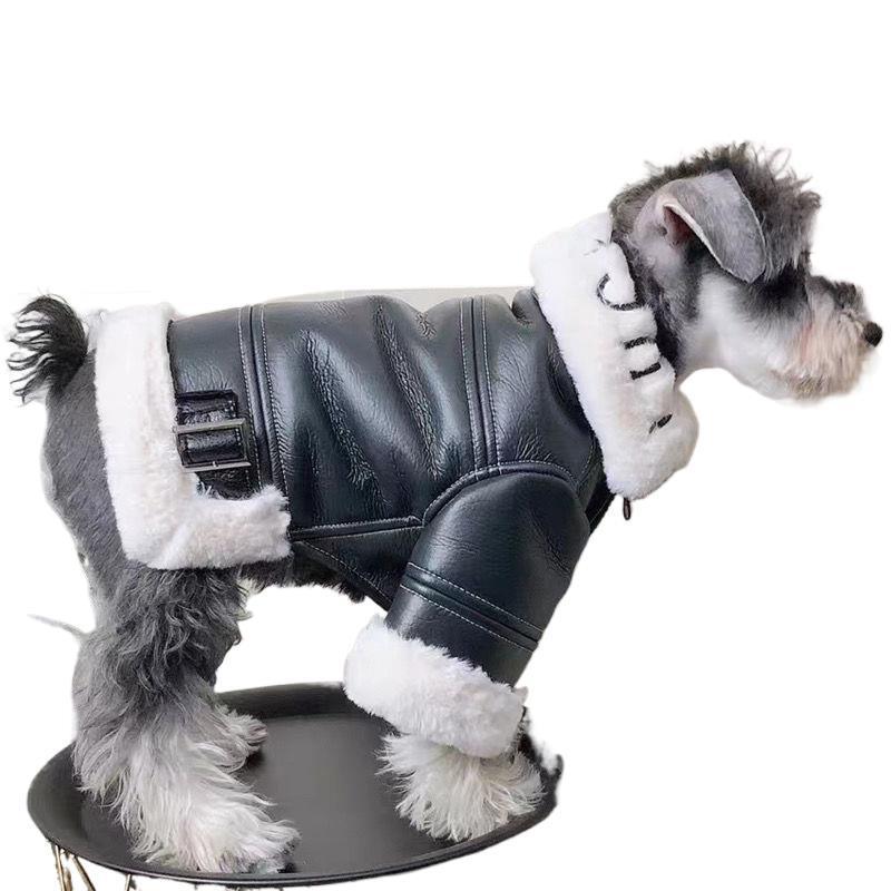 Dog Clothes Winter Thickened Trendy Brand Fur Integrated Motorcycle Jacket for Small Dogs Teddy Pomeranian Schnauzer Cats