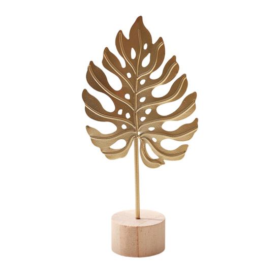 jijijing Metal Leaf Ornaments, Gold Palm Leaf, Ginkgo Feather Statue with Wood Base, Modern Desktop Sculpture for Living Room, Bookshelf, Office Desk