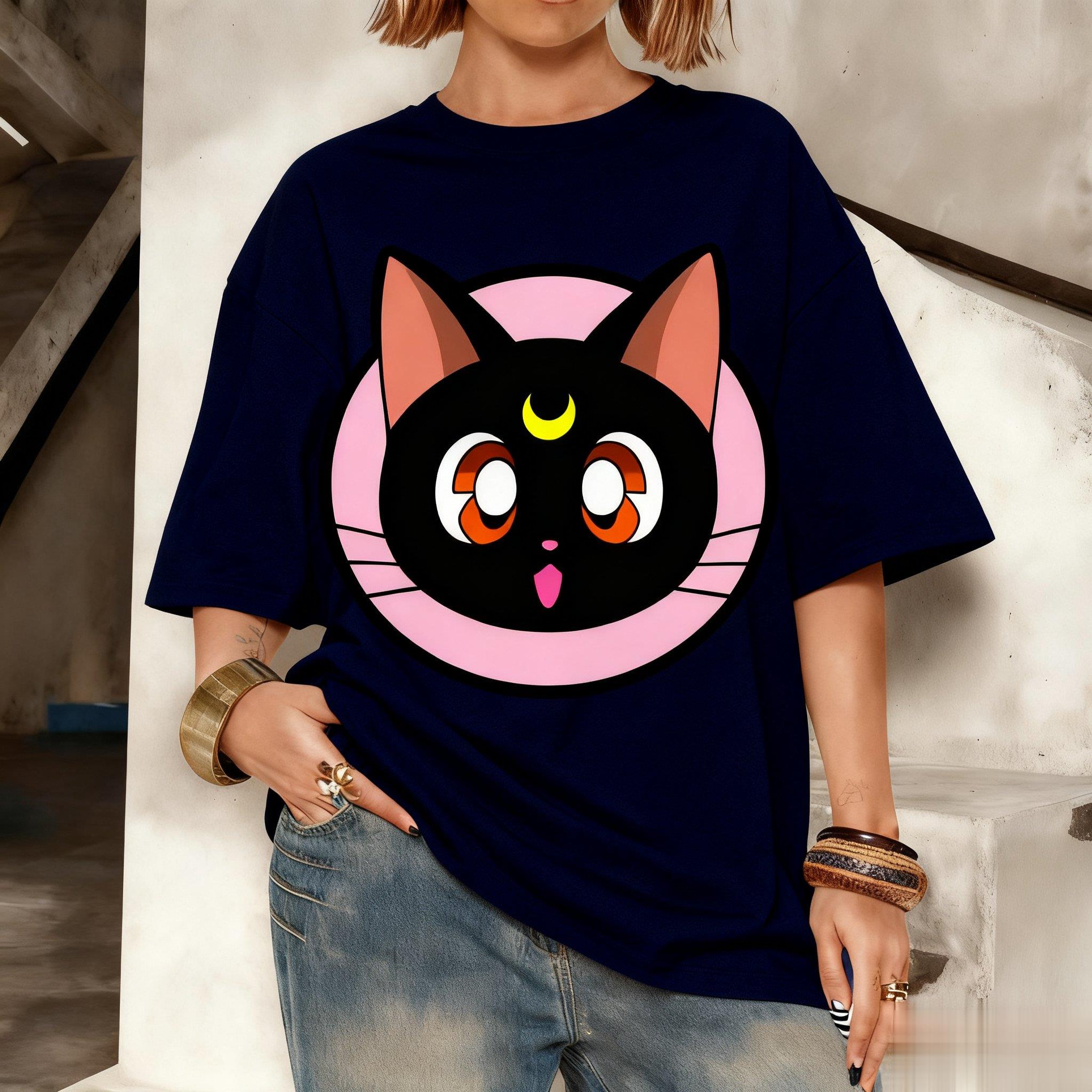 Sailor Moon Luna Cat Anime Print Cotton T-shirt Women Men Casual Short Sleeve Summer Tops Loose Streetwear Graphic Tee Fashion XL