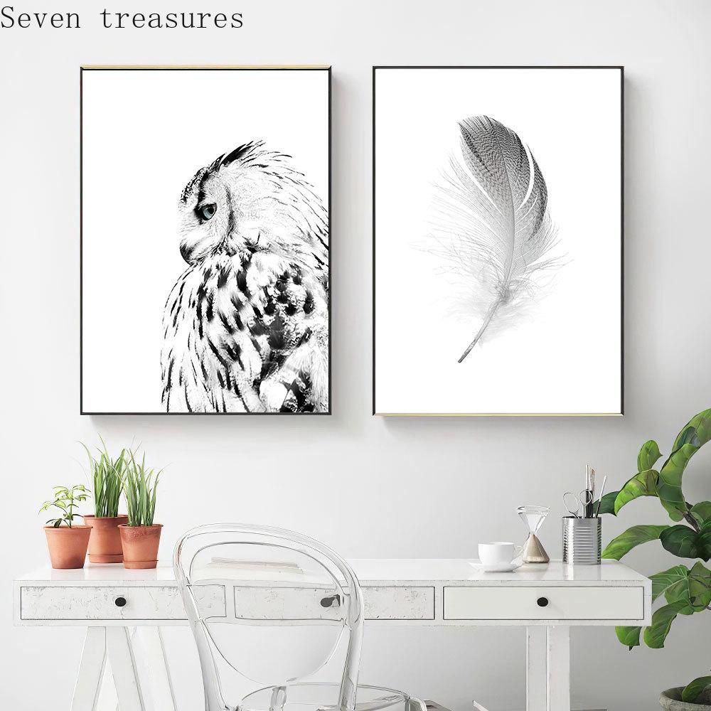 Nordic Black White Poster Owl Canvas Painting Feather Wall Art Print Quote For Living Room On The Wall Home Decor Modern Picture