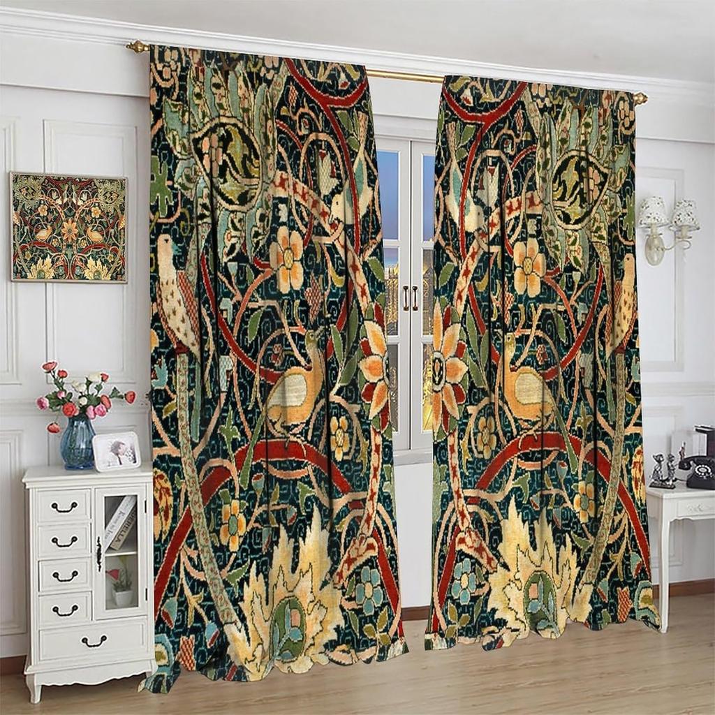 William Morris Vintage Blumenvorhänge Vögel Botanische Blume Zimmerfenster Dekorationen für Schlafzimmer Wohnzimmer 42x45 Zoll Dekor