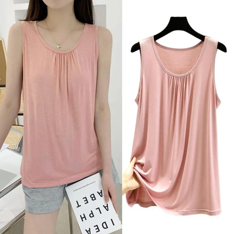Women's Summer Loose-Fit Pleated Sleeveless Tank Top Solid Color Simple Slimming Lightweight Vest
