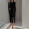 European and American long-sleeved solid color round neck waist button decorative split fork 2026 autumn women's dress women