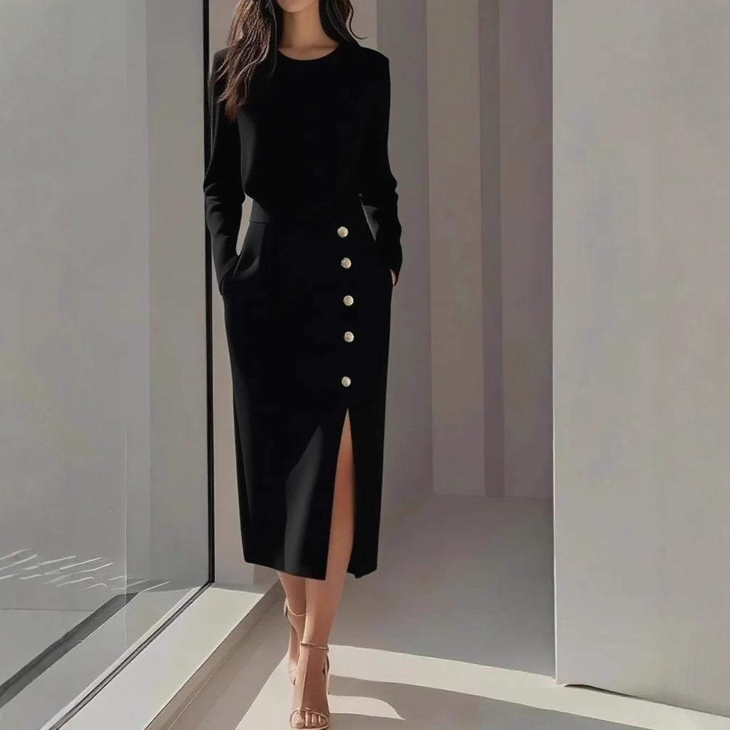 European and American long-sleeved solid color round neck waist button decorative split fork 2026 autumn women's dress women