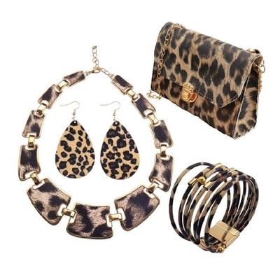 Women’s Matching Leopard Print Jewelry Stylish Handmade Earrings Bracelet Necklace Purse Set Elegant Accessories