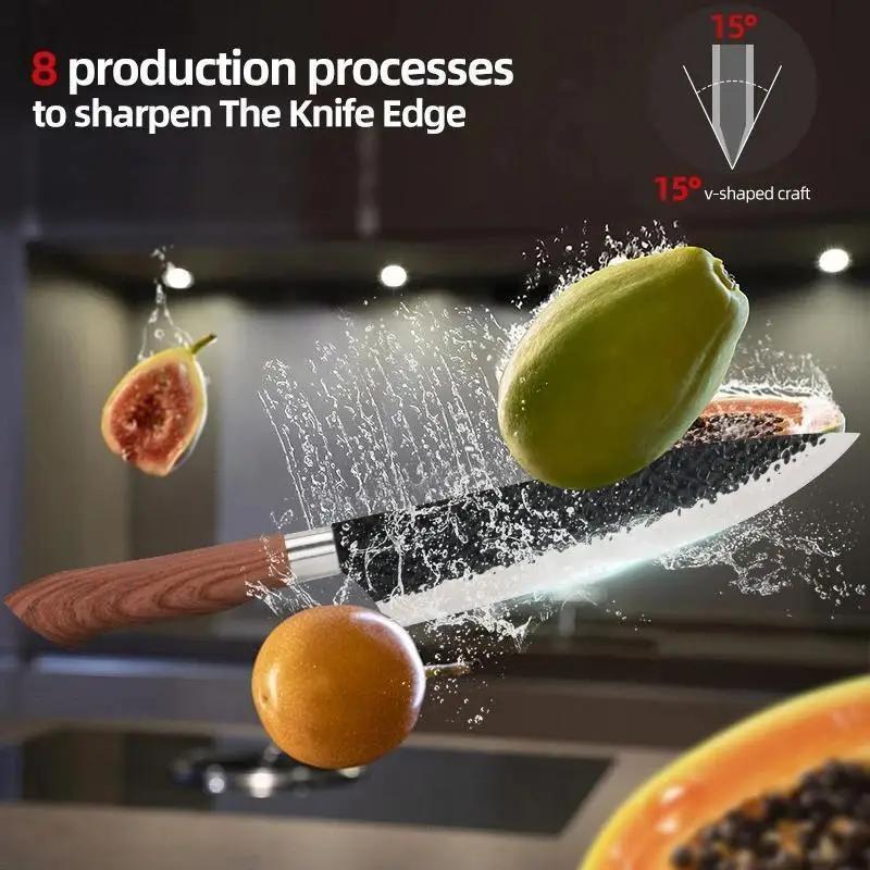 6PCS Stainless Steel Kitchen Knives Set Tools Forged Hammer Pattern Meat Cleaver Stainless Steel Chef Knife Sharp Fruit Paring Knife Gift Case