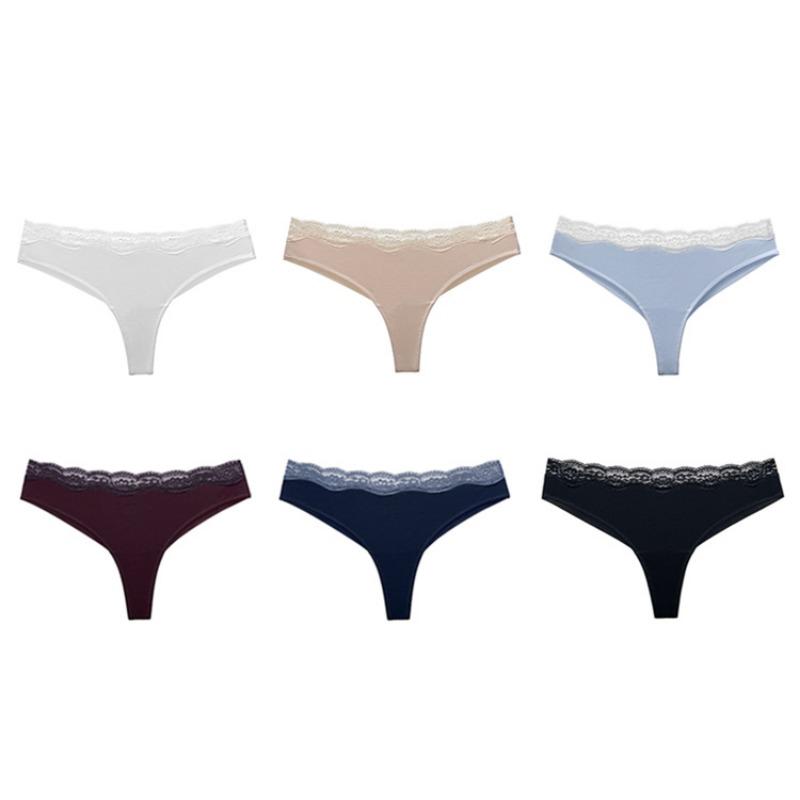 Ladies Spring and Summer Sexy Clash Color Lace Edge Soft High Fork No Trace Thong Underwear