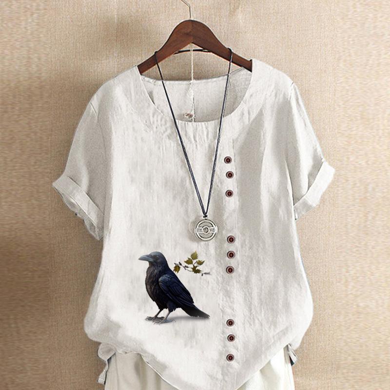 Damska Moda Okrągły Dekolt Krótki Rękaw T-shirt Casual Bawełna Len Koszulka z Graficznym Nadrukiem Rekreacyjna Luźna Krucza Bluzka Letnia Top