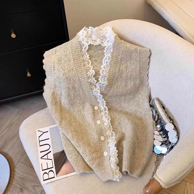Spitzenbesatz Patchwork Pulloverweste Frühling Herbst Strickjacke Gestrickte Weste Ärmellose Weste Mantel Oberteil Kurzer Stil