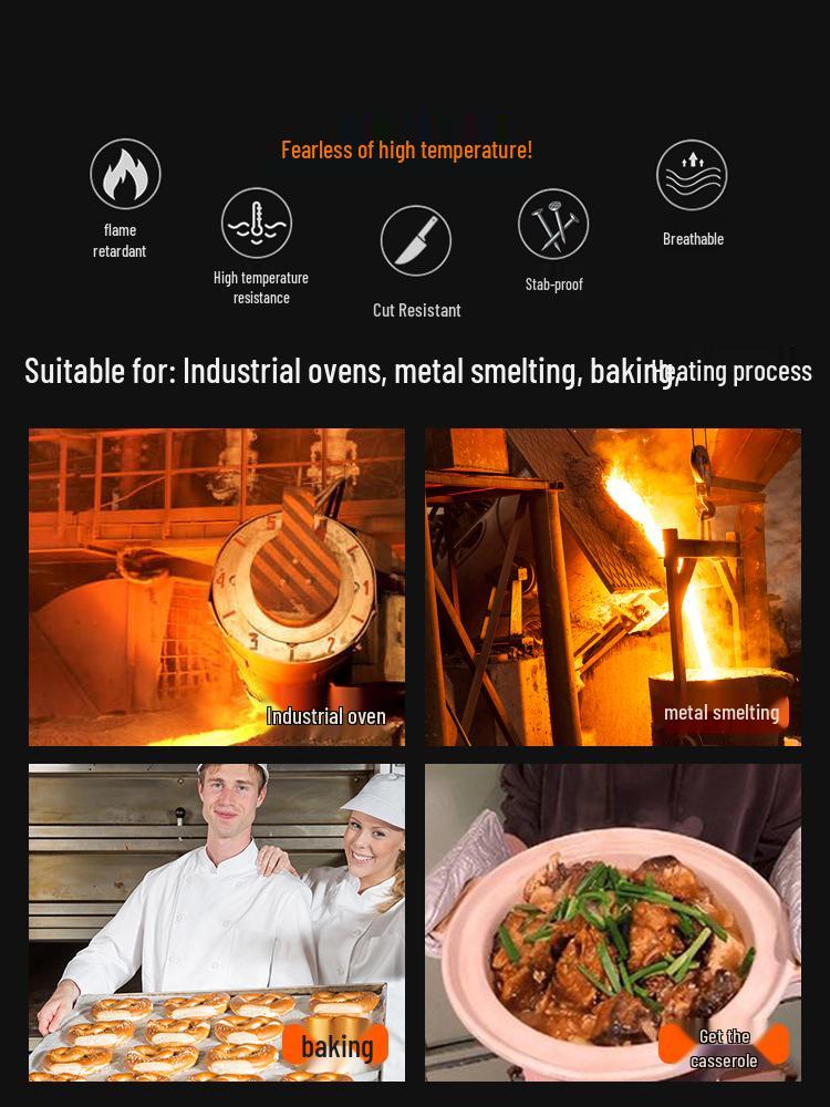 Industrihandskar som tål höga temperaturer: Skållningsskyddande, Brandsäker, Värmeisolering upp till 1000°F, Flexibel femfingerdesign.