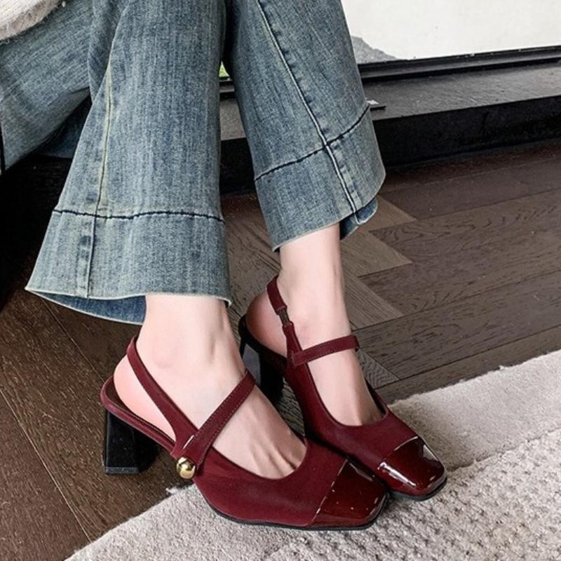 Summer Genuine Leather Toe Block Heel Mary Jane Shoes Women's High Heels Fashion Women's Shoes Comfortable and Elegant Sandals
