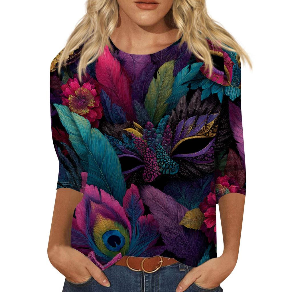 Dámský módní ležérní top s tříčtvrtečním rukávem a karnevalovým potiskem u krku