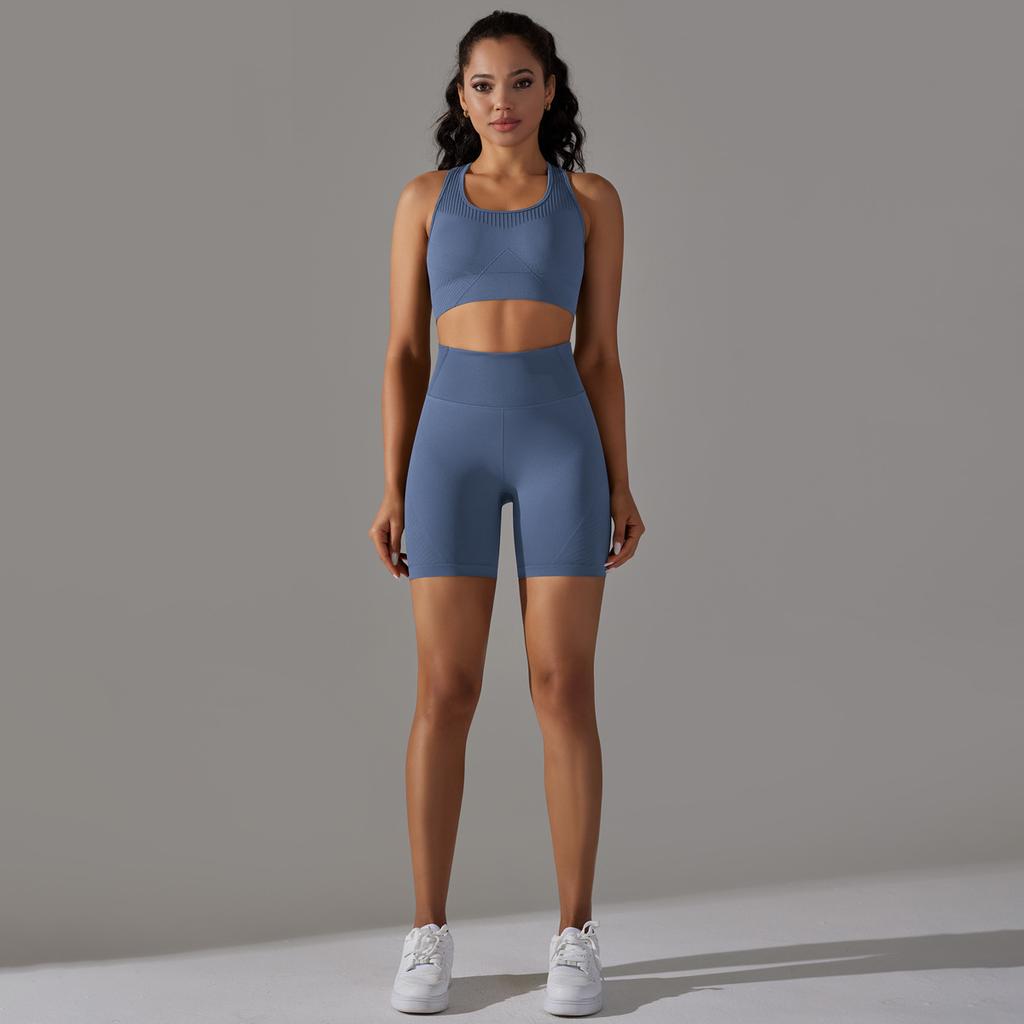 Nahtlose Jacquard-Strick-Yoga-Kleidung für Damen, Sport-Rücken-BH, Hohe Taille, Hüftlift, Enge Shorts, Fitness-Set für Damen