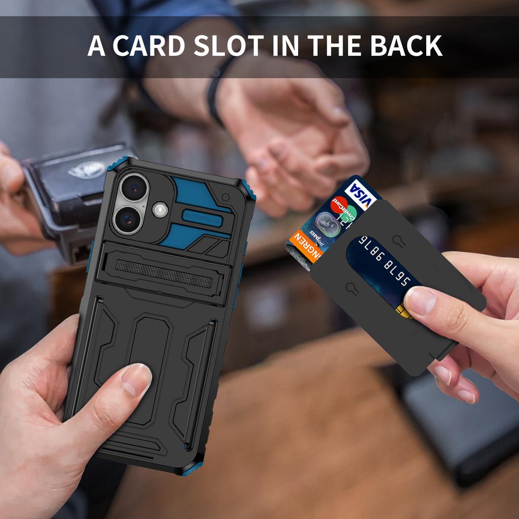 For iPhone 16 Case with Card Holder PC + TPU Phone Back Cover Kickstand