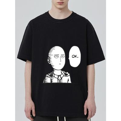 T-Shirt Nera con Personaggio di One Punch Man e Grafica Testuale Ok per Abbigliamento Casual