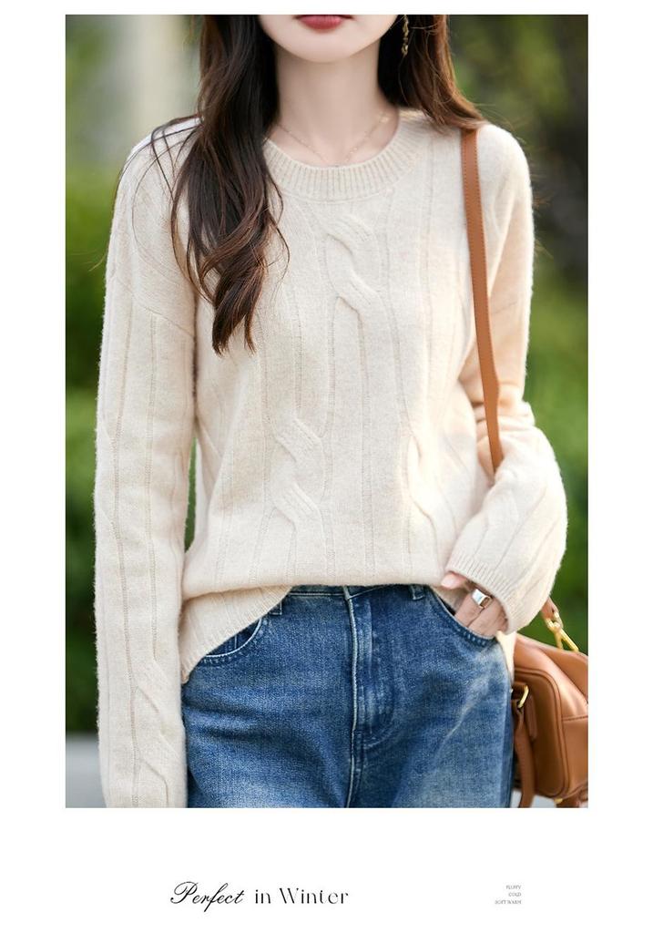 Women's 100% Wool Cable Knit Pullover - Round Neck, Long Sleeve, Solid Color, Loose Fit