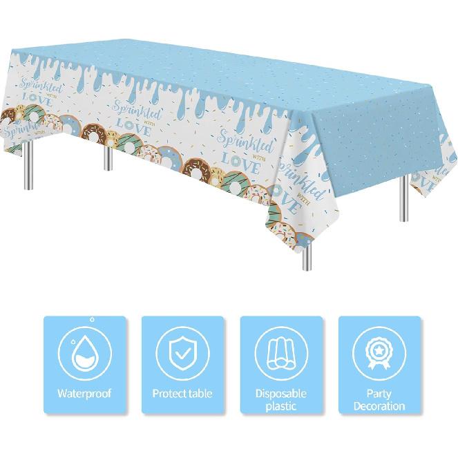 Donut Baby Sprinkle Decorations Boy Tablecloth - Sprinkled with Love Baby Shower Decorations Party Supplies Table Cover, Blue Donut Baby Shower