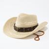 Retro Bull Head Western Denim Straw Hat, Outdoor Big Edge Lace-up Sun Hat, Vacation Beach Hat