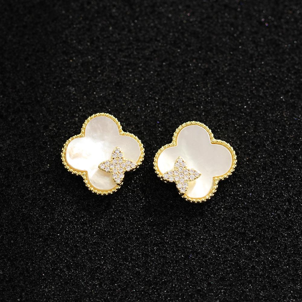 European and American temperament niche natural fritillary four-leaf clover earrings exquisite diamond-plated versatile high-end silver needle earring золотой