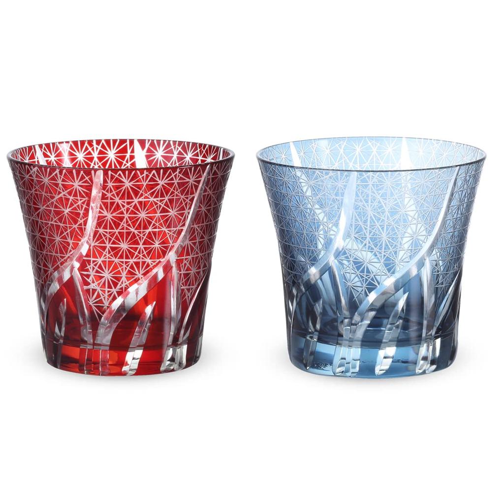Nostalgia Kiriko Pair of Glass Ranbori Komon Red Ink with Bottom Current Model J-kitchens Cups, 94xH85mm, 240cc, (Small Pattern) & Blue, Engraving,