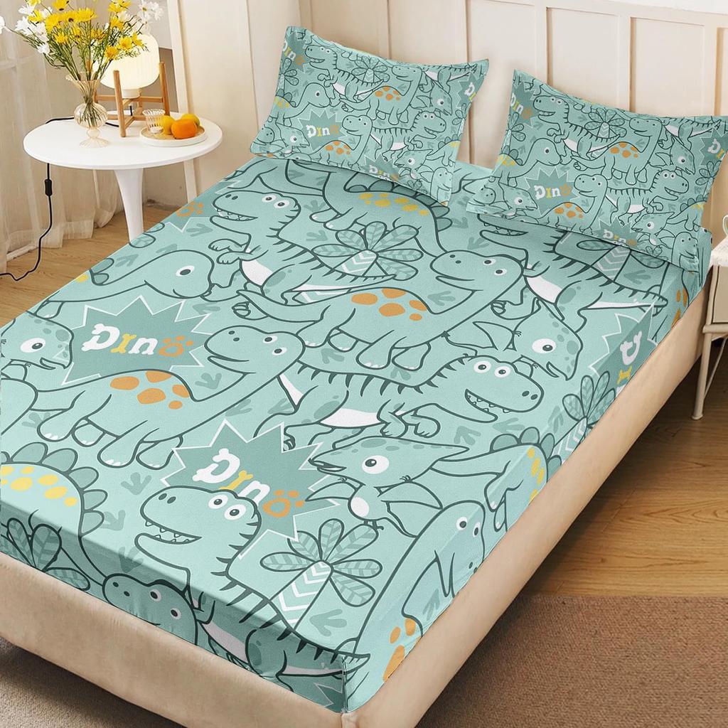 Cute Cartoon Dinosaur Racing Pattern Mattress Three-Piece Digital Printing Cute Bedding Set