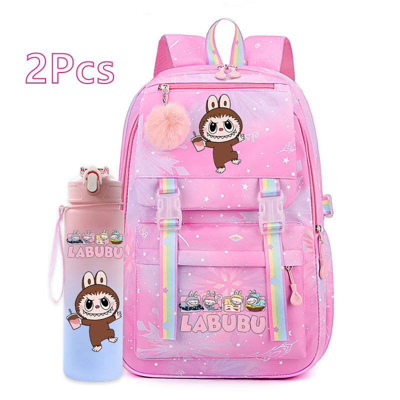 2Pcs/set Cute Printed Backpack with 750Ml Outdoor Sports Water Bottle Student Girl Boy Schoolbag Large Capacity Travel Bag Gift