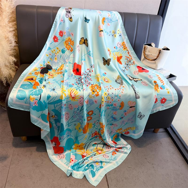 Butterfly Flower Simulation Silk Premium 111cm Large Square Scarf Silk Scarf Printed Shawl Sunscreen Scarf Headscarf Scarf