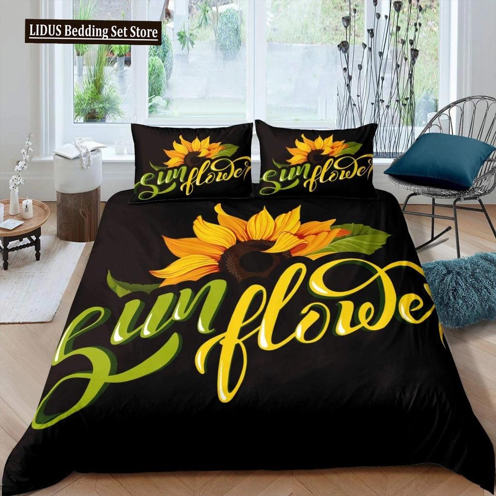 Vintage Sunflowers Duvet Cover Set Letters Bedding Set Letters And Sunflowers Printed Retro Girls Queen Size 23pcs Quilt Cover
