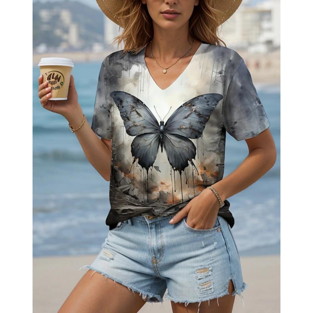 

Женская футболка с V-образным вырезом, летний повседневный топ с рукавами с принтом бабочек, женская одежда больших размеров 6XL
