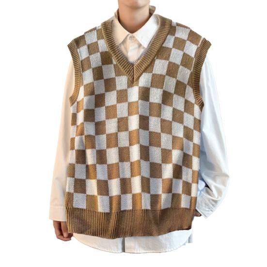 V Neck Sleeveless Ribbed Trim College Style Sweater Vest Autumn Winter Plaid Patchwork Color Men Knitted Vest
