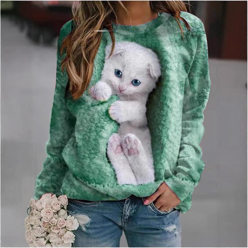 Pulover de damă de toamnă cu corp largi, imprimat cu mâneci lungi, cu gât rotund