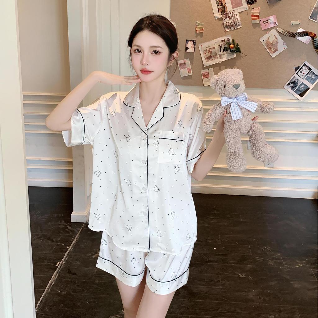 Short-sleeved shorts, summer loungewear set, simulated silk, cool pajamas can be worn outside, simple large-size ice silk pajamas