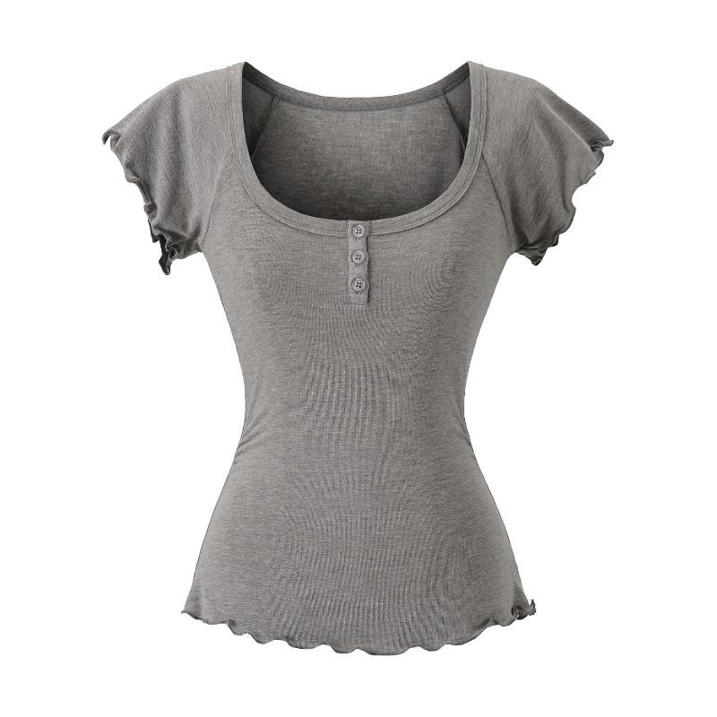 Korean niche design sense U-neck short-sleeved T-shirt for women, summer new button lace slim-fitting and thin top trendy