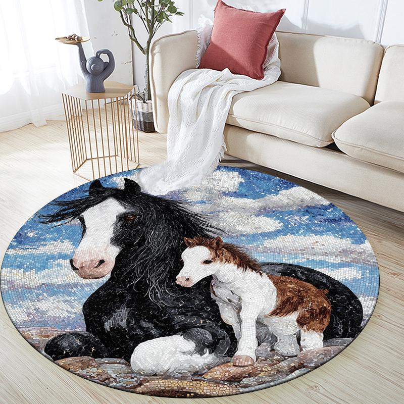 White Horse pattern round rug,Carpet Rug for Living Room Bedroom Sofa Playroom Decor,Non-slip Floor Mat,Holiday Gifts and Birthday Gifts