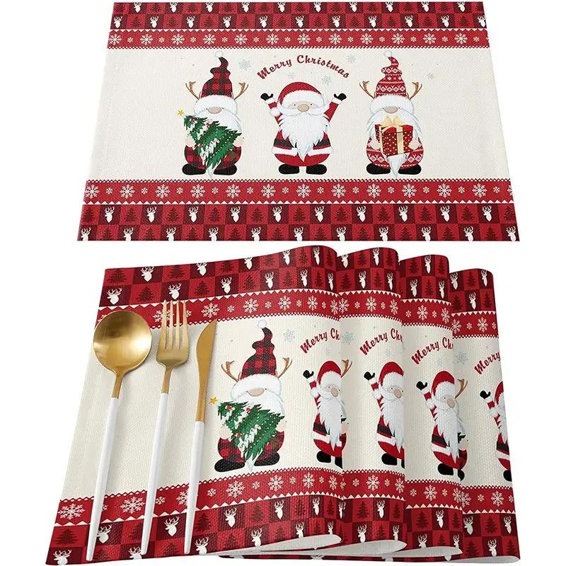 1PC Merry Christmas Placemats Linen Table Mats Washable Buffalo Plaid Farm Xmas Tree Placemat for Party Kitchen Table Decor