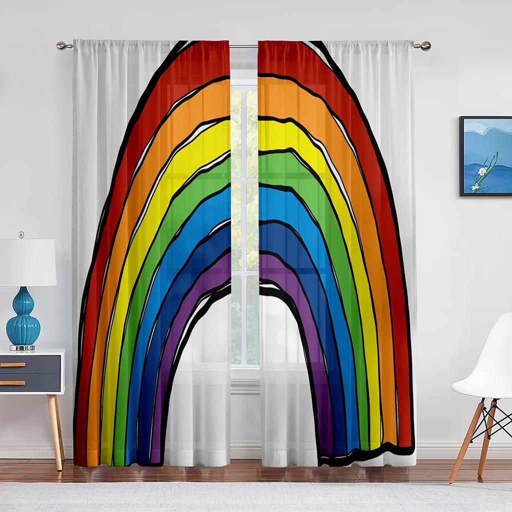 Fluffy Clouds and Rainbow Sky Tulle Curtains for Living Room Kids Bedroom Decoration Chiffon Sheer Voile Window Curtain Drapes